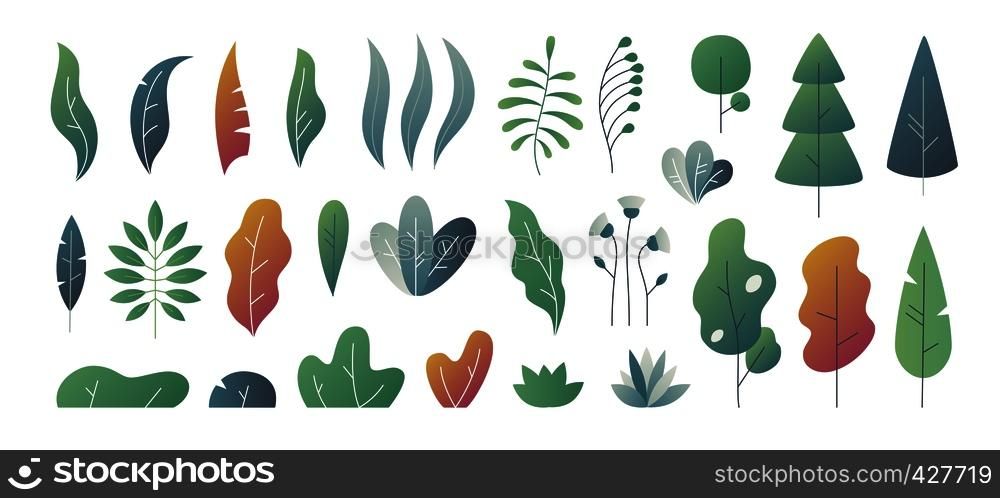 Flat minimal leaves. Fantasy colors gradation, leaves bushes and trees design templates, nature gradient plants. Vector cute autumn leaves. Flat minimal leaves. Fantasy colors gradation, leaves bushes and trees design templates, nature gradient plants. Vector cute leaves