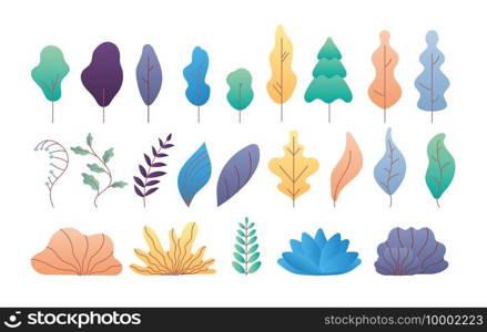 Flat minimal leaves. Simple deciduous and coniferous trees, branches and bushes. Trendy flat plant and tropical foliage vector set. Bush and branch, nature tree colored style illustration. Flat minimal leaves. Simple deciduous and coniferous trees, branches and bushes. Trendy flat plant and tropical foliage vector set