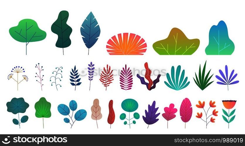 Flat minimal leaves. Simple green trees, branches and bushes. Trendy nature gradient plant and tropical foliage vector isolated natural outdoor fantasy design set. Flat minimal leaves. Simple green trees, branches and bushes. Trendy nature gradient plant and tropical foliage vector isolated set