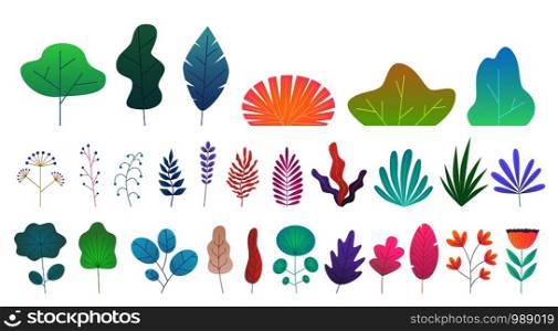 Flat minimal leaves. Simple green trees, branches and bushes. Trendy nature gradient plant and tropical foliage vector isolated natural outdoor fantasy design set. Flat minimal leaves. Simple green trees, branches and bushes. Trendy nature gradient plant and tropical foliage vector isolated set