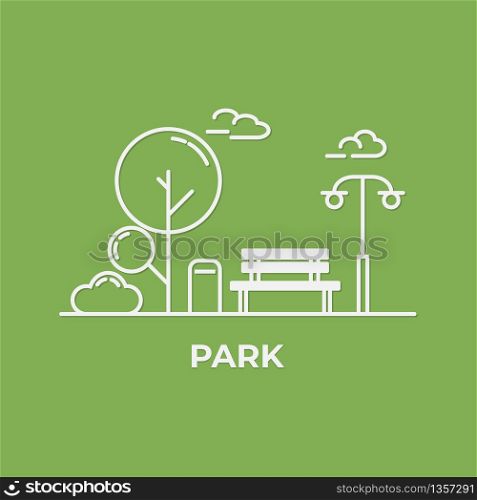 flat minimal style with bench and trees in central park background. Think green and Ecological. World environment day.