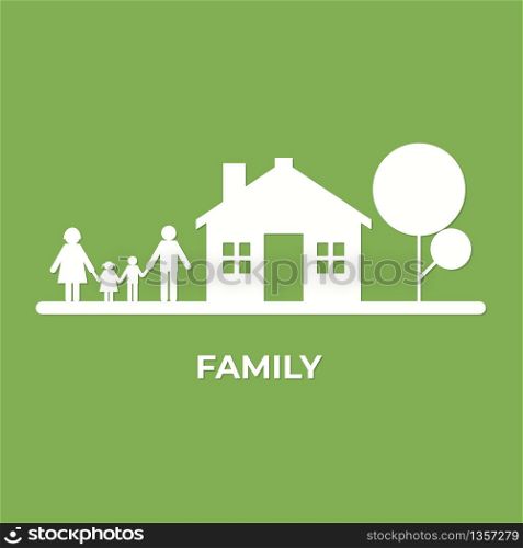 flat minimal style with family and house background. Think green and Ecological. World environment day.