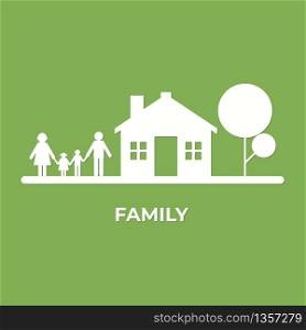 flat minimal style with family and house background. Think green and Ecological. World environment day.