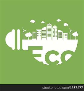 flat minimal style with light bulb and city landscape building background. Think green and Ecological. World environment day.