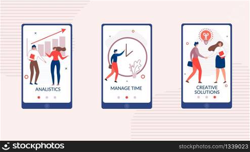 Flat Mobile Application Set for Business Startup. People Cartoon Characters and Advertising Lettering. Annalistic, Manage Time and Creative Solution Media Stories Pages Kit. Vector Illustration. Flat Mobile Application Set for Business Startup