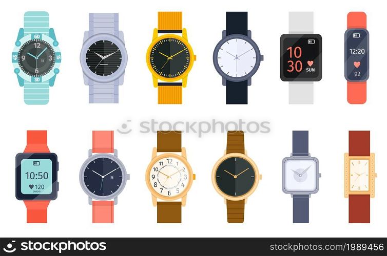 Flat modern, classic and luxury wrist watches with bracelet. Smart watch, accessory hand clock for men and women. Cartoon watches vector set. Different clockworks faces in silver or gold frames. Flat modern, classic and luxury wrist watches with bracelet. Smart watch, accessory hand clock for men and women. Cartoon watches vector set