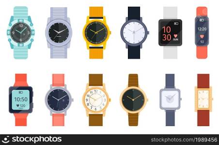Flat modern, classic and luxury wrist watches with bracelet. Smart watch, accessory hand clock for men and women. Cartoon watches vector set. Different clockworks faces in silver or gold frames. Flat modern, classic and luxury wrist watches with bracelet. Smart watch, accessory hand clock for men and women. Cartoon watches vector set