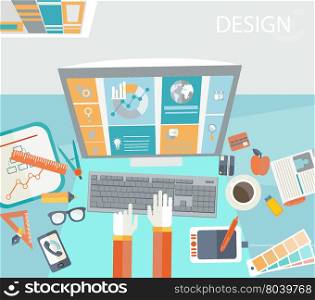 Flat modern design vector concept of creative office workspace, workplace.