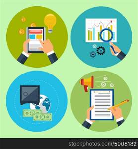 Flat modern illustration of management anf commerce set. Hands with financial item icons