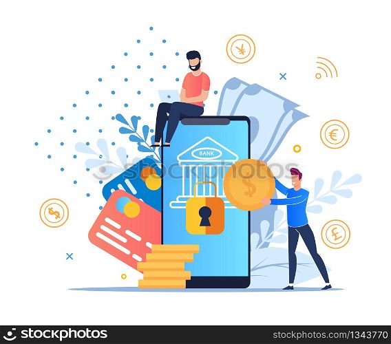 Flat Modern Mobile Banking Vector Illustration. Secure Entry to Banking System Through an Online Application. On Screen Smartphone Keyhole for Key. Service Mobile Money Guarded Cartoon.