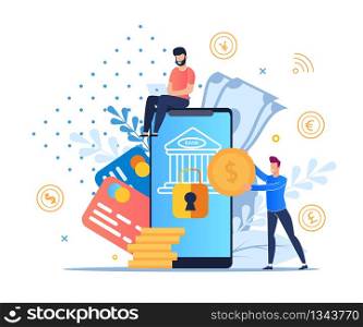 Flat Modern Mobile Banking Vector Illustration. Secure Entry to Banking System Through an Online Application. On Screen Smartphone Keyhole for Key. Service Mobile Money Guarded Cartoon.