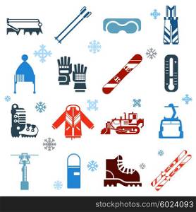 Flat Monochrome Skiing Icons With Snowflakes . Flat monochrome skiing icons set of ski and snowboard outfit with ski lift and snow removal equipment on white background with snowflakes isolated vector illustration