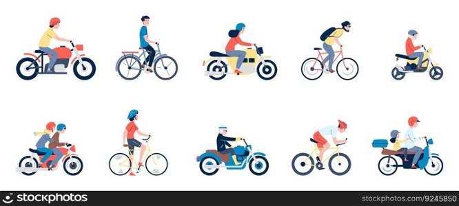 Flat motorcyclist characters. Riding bike and motorcycle, man ride motorbike in helmet. Modern scooter, different people drivers recent vector set of motorcyclist and bike illustration. Flat motorcyclist characters. Riding bike and motorcycle, man ride motorbike in helmet. Modern scooter, different people drivers recent vector set