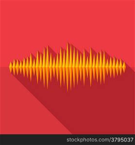 Flat music wave icon with long shadow on red background