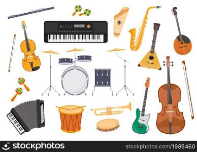Flat musical instrument, guitar, accordion, drum, saxophone and flute. Classic folk music orchestra, jazz and rock band equipment vector set. Ethnic performance, festival or concert concept. Flat musical instrument, guitar, accordion, drum, saxophone and flute. Classic folk music orchestra, jazz and rock band equipment vector set