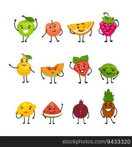 Flat natural food character set with cute face. Happy fruit product person collection with emotion, vector illustration. Cheerful organic food smile and wave hands, elements for advertising. Flat natural food character set with cute face