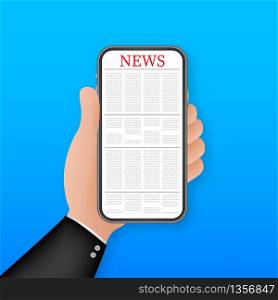 Flat news on smartphone for site design. Smartphone, mobile phone. Online reading news. Vector stock illustration. Flat news on smartphone for site design. Smartphone, mobile phone. Online reading news. Vector stock illustration.