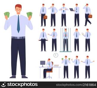 Flat office employee character working poses and gestures. Business man run with briefcase, sit at desk and think. Businessman vector set. Male poor and rich person, standing behind bars. Flat office employee character working poses and gestures. Business man run with briefcase, sit at desk and think. Businessman vector set