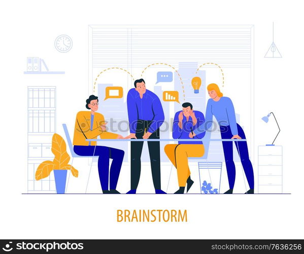 Flat office scene composition with brainstorm description and colleagues at the meeting vector illustration