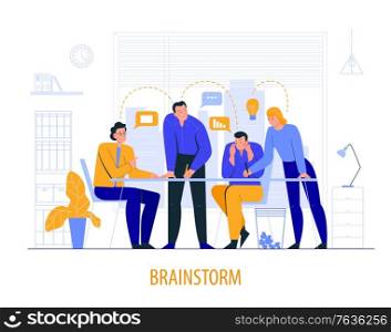 Flat office scene composition with brainstorm description and colleagues at the meeting vector illustration