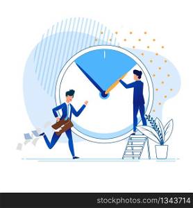 Flat Office Situation Rush Vector Illustration. Time Management Successful Person. Man Works Hard and does Lot. Employee in Business Suit in Hurry. Businessman Holds Arrows on Big Clock.