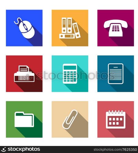 Flat office supply icons with a computer mouse, files, telephone, printer, calculator, PDA, folder, paper clip and a desktop calendar for application design. Set of assorted office supply icons