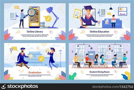 Flat Online Library, Online Education, Cartoon. Set Graduation, Student Dining Room. Guy Holds Magnifier and Looks at Books. Guy Sits with Laptop in his Hands at Home and Studies Remotely.