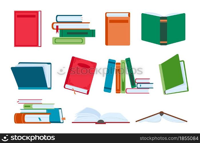 Flat open and close books, library piles and stacks. Novel book with bookmark. Textbooks for reading and education. Literature vector set. Academic educational books for school or college