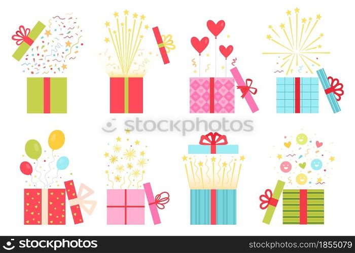 Flat open prize concept, gift box with confetti. Surprise present boxes with balloon, firework and heart. Game win or reward icon vector set. Wedding, birthday or valentines holiday gift