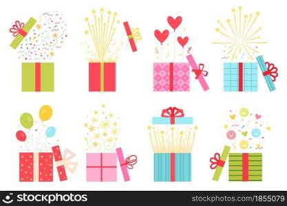 Flat open prize concept, gift box with confetti. Surprise present boxes with balloon, firework and heart. Game win or reward icon vector set. Wedding, birthday or valentines holiday gift