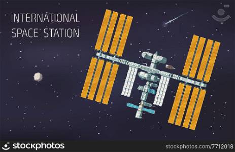 Flat orbital international space station illustration station in space near planet and comet vector illustration. Flat Orbital International Space Station Illustration