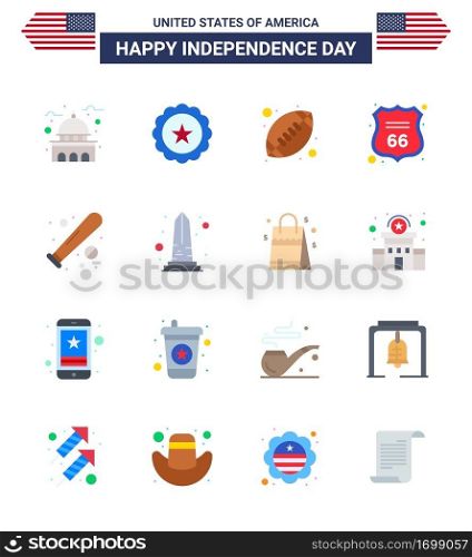 Flat Pack of 16 USA Independence Day Symbols of ball  sign  usa  shield  american ball Editable USA Day Vector Design Elements