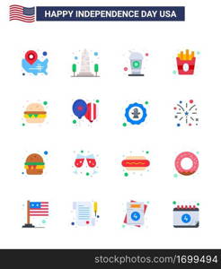 Flat Pack of 16 USA Independence Day Symbols of burger  food  usa  fast  drink Editable USA Day Vector Design Elements