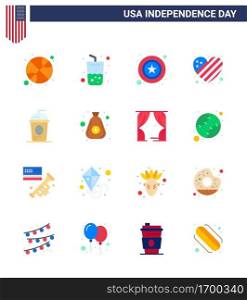 Flat Pack of 16 USA Independence Day Symbols of cole; love; men; heart; american Editable USA Day Vector Design Elements