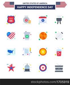 Flat Pack of 16 USA Independence Day Symbols of heart; american; american; cook; barbecue Editable USA Day Vector Design Elements