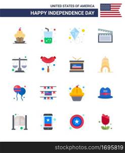 Flat Pack of 16 USA Independence Day Symbols of justice; usa; cola; video; american Editable USA Day Vector Design Elements