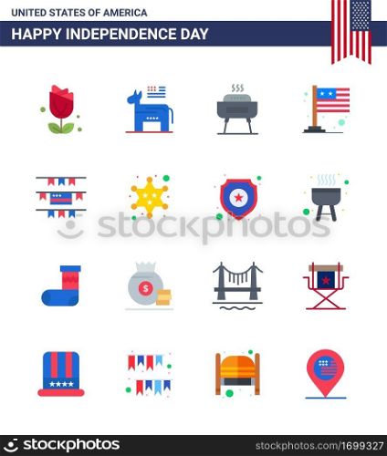 Flat Pack of 16 USA Independence Day Symbols of party decoration; usa; barbeque; international; country Editable USA Day Vector Design Elements