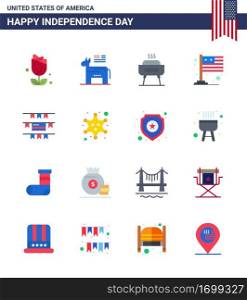 Flat Pack of 16 USA Independence Day Symbols of party decoration; usa; barbeque; international; country Editable USA Day Vector Design Elements