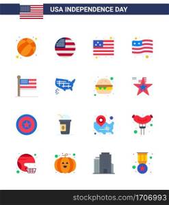 Flat Pack of 16 USA Independence Day Symbols of united  map  country  usa  states Editable USA Day Vector Design Elements