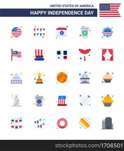Flat Pack of 25 USA Independence Day Symbols of american  international flag  date  flag  drink Editable USA Day Vector Design Elements