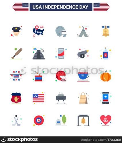 Flat Pack of 25 USA Independence Day Symbols of ball; american; helmet; ring; american Editable USA Day Vector Design Elements