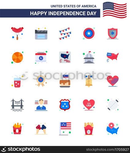 Flat Pack of 25 USA Independence Day Symbols of ball  shield  party bulb  protection  sign Editable USA Day Vector Design Elements