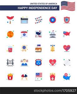 Flat Pack of 25 USA Independence Day Symbols of ball; shield; party bulb; protection; sign Editable USA Day Vector Design Elements