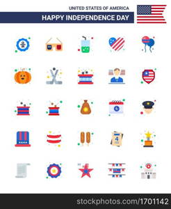 Flat Pack of 25 USA Independence Day Symbols of bloon  heart  usa  flag  cola Editable USA Day Vector Design Elements