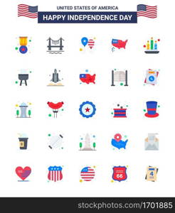 Flat Pack of 25 USA Independence Day Symbols of candle  thanksgiving  balloons  map  america flag Editable USA Day Vector Design Elements