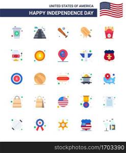 Flat Pack of 25 USA Independence Day Symbols of fastfood; usa; baseball; american; icecream Editable USA Day Vector Design Elements