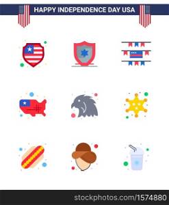Flat Pack of 9 USA Independence Day Symbols of american; police; united; military; eagle Editable USA Day Vector Design Elements
