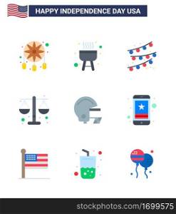 Flat Pack of 9 USA Independence Day Symbols of cell; football; party decoration; american; law Editable USA Day Vector Design Elements