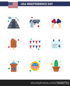 Flat Pack of 9 USA Independence Day Symbols of garland; ice cream; icecream; food; cold Editable USA Day Vector Design Elements