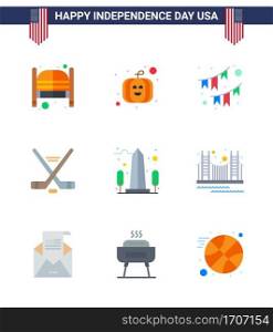 Flat Pack of 9 USA Independence Day Symbols of landmark  sport  american  ice sport  garland Editable USA Day Vector Design Elements